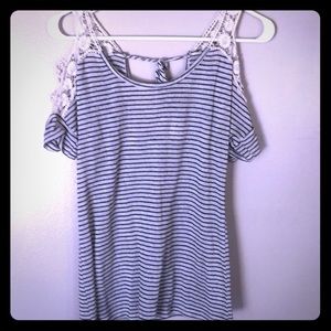 Cream and black striped top with lace sleeves